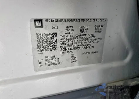 2020 Chevrolet Equinox Lt z USA, uszkodzony, nr VIN 3GNAXJEV3LS554728
